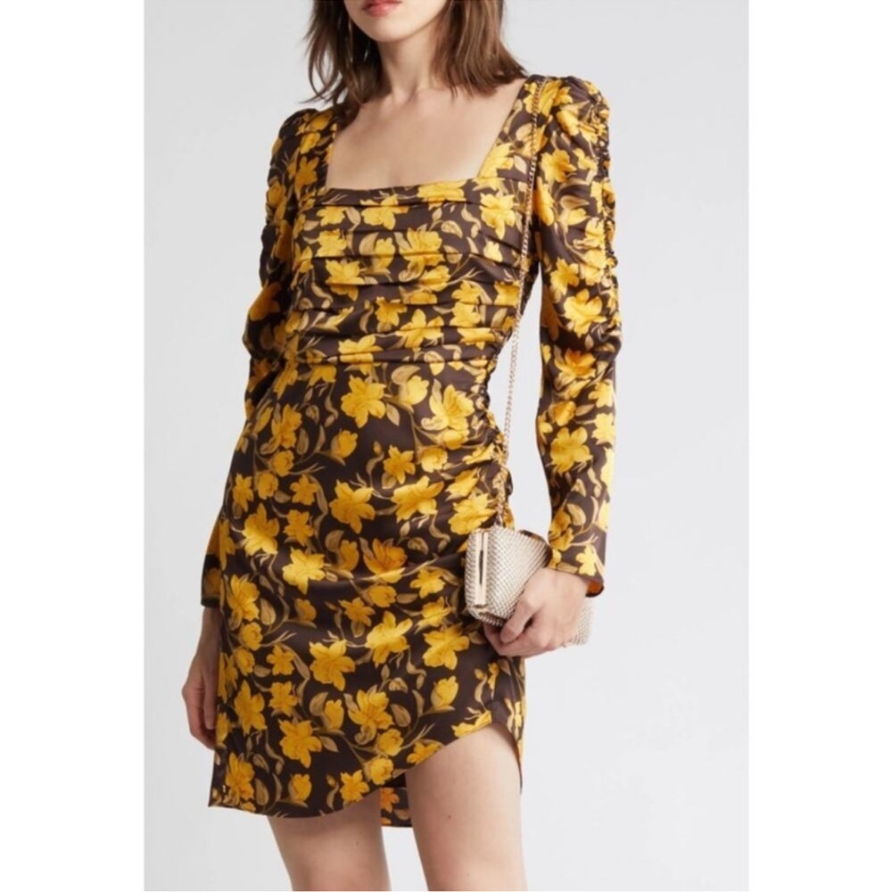 Floret Studios Floral‎ Ruched Satin Mini Dress Square Neck Yellow Brown M